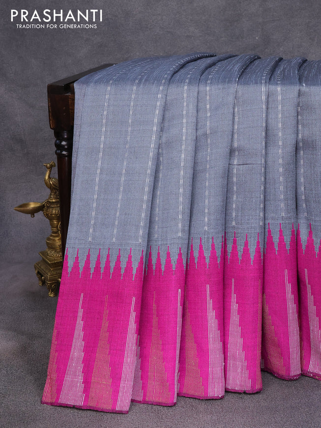 Dupion silk saree grey and purple with allover thread weaves and temple woven border