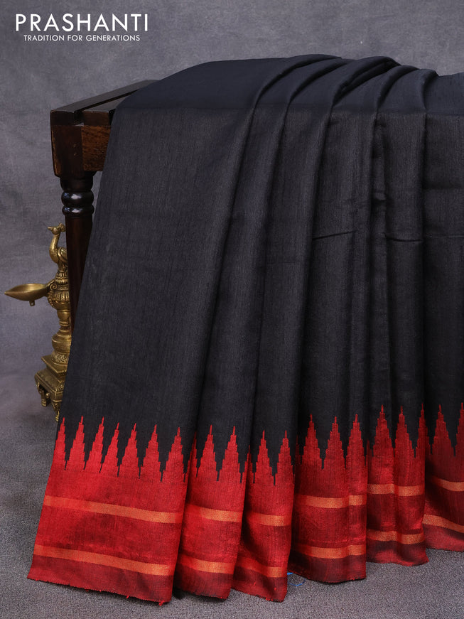 Dupion silk saree black and maroon with plain body and temple design rettapet zari woven border