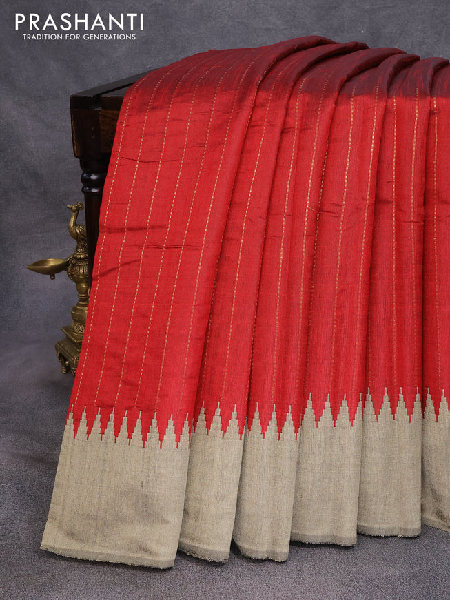 Dupion silk saree maroon and beige with allover zari stripe weaves and temple woven border