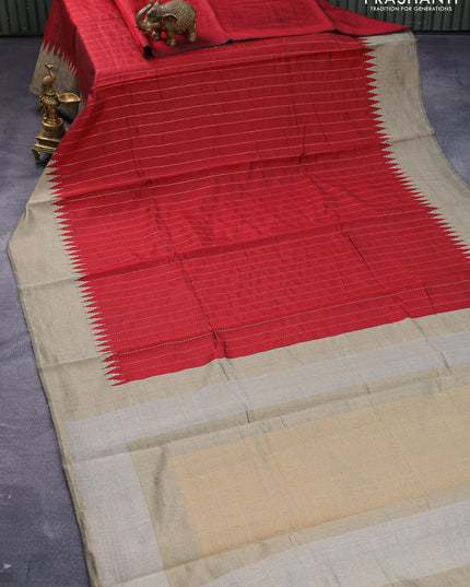 Dupion silk saree maroon and beige with allover zari stripe weaves and temple woven border