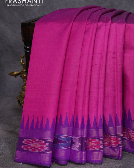 Dupion silk saree purple and violet with plain body and temple design ikat woven border