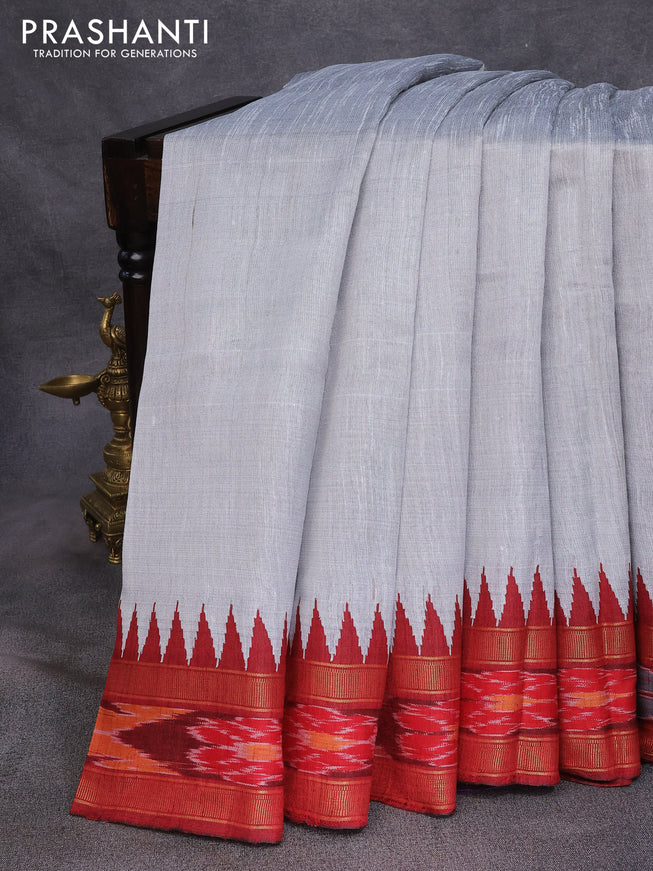 Dupion silk saree grey and maroon with plain body and temple design ikat woven border