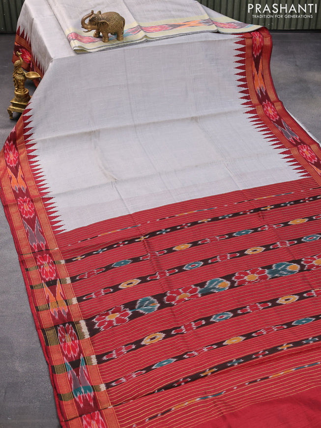 Dupion silk saree grey and maroon with plain body and temple design ikat woven border