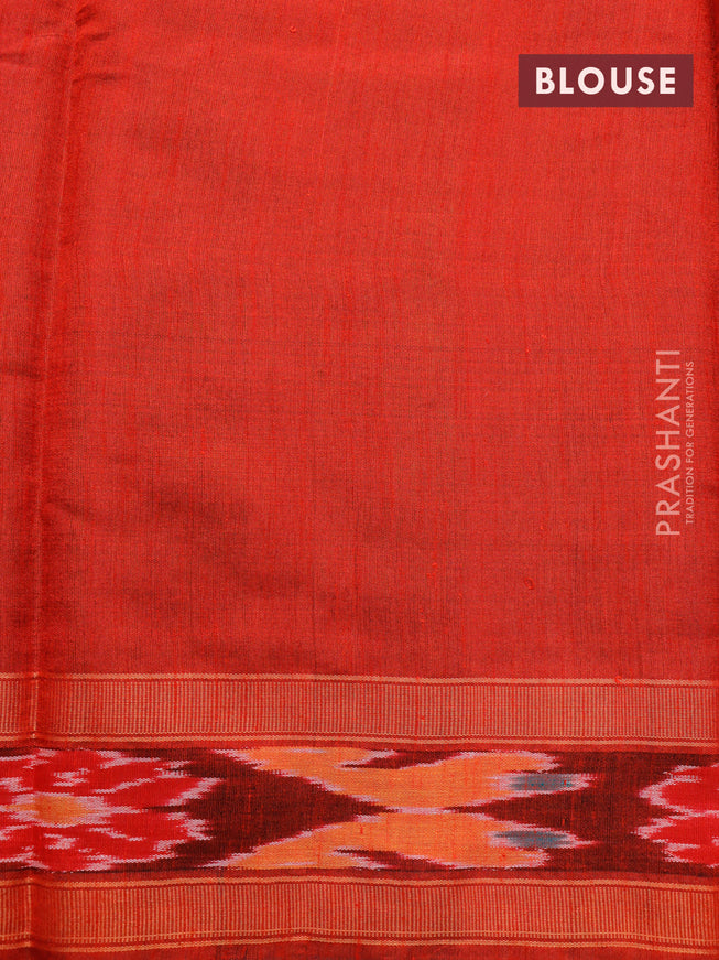 Dupion silk saree mustard shade and red with plain body and temple design ikat woven border