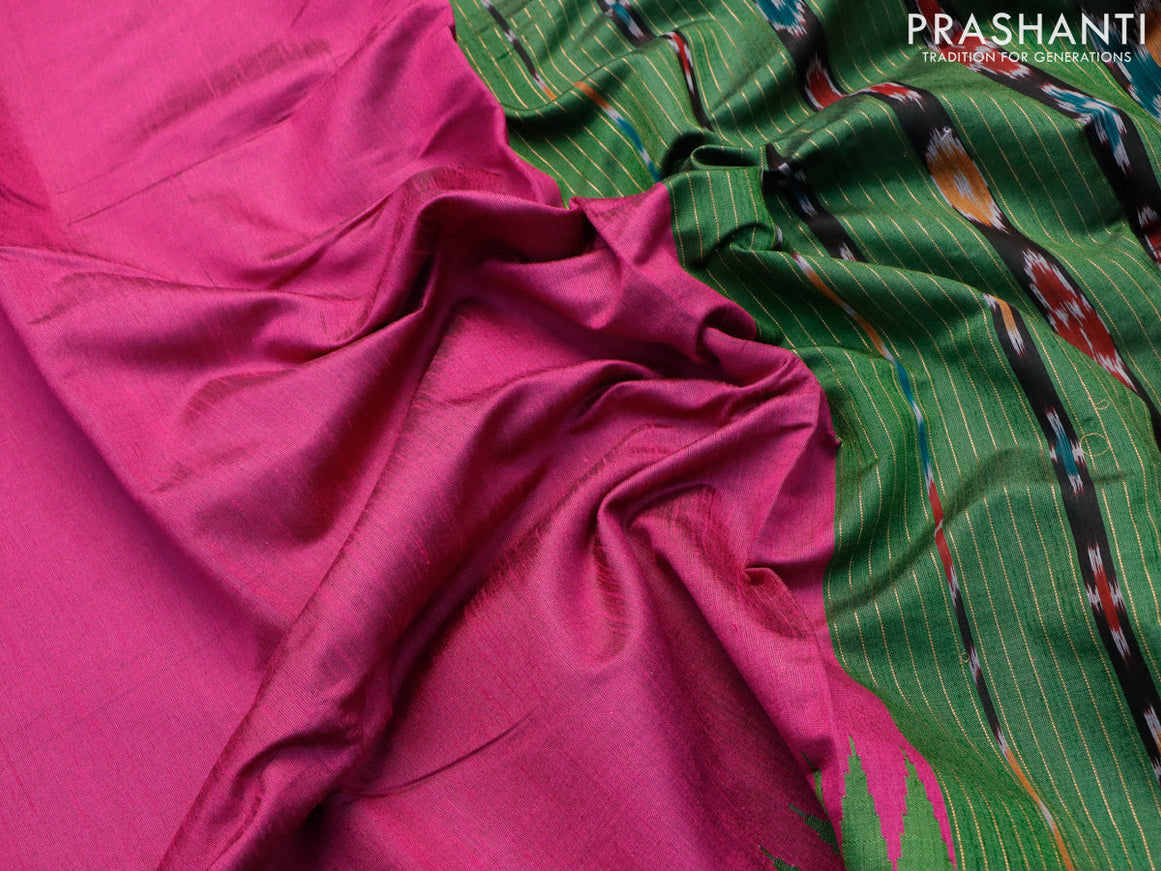 Dupion silk saree magenta pink and green with plain body and temple design ikat woven border