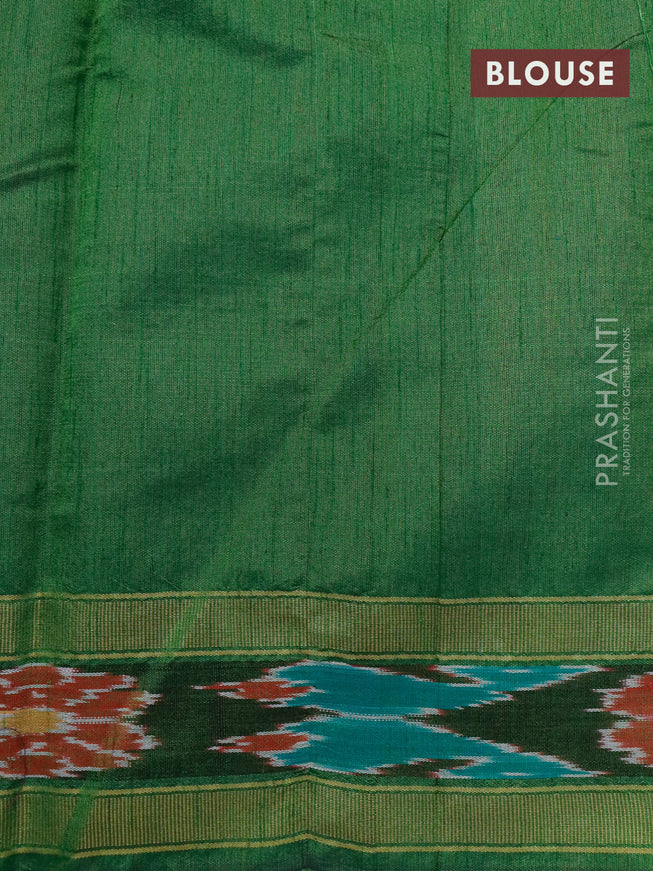 Dupion silk saree magenta pink and green with plain body and temple design ikat woven border