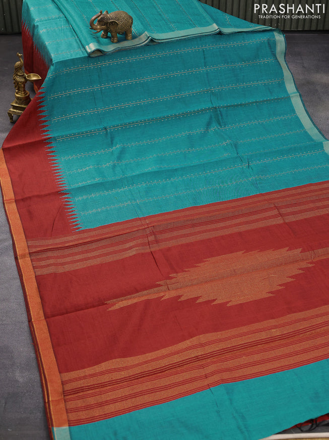 Dupion silk saree teal blue and maroon with allover zari weaves and temple design zari woven border
