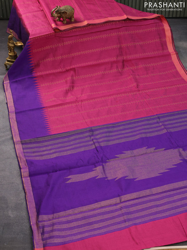 Dupion silk saree dark magenta and violet with allover zari weaves and temple design zari woven border
