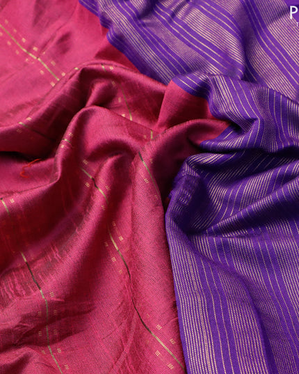Dupion silk saree dark magenta and violet with allover zari weaves and temple design zari woven border