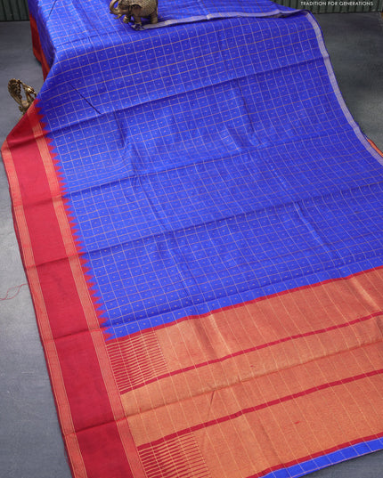Dupion silk saree royal blue and maroon with zari checked pattern & buttas and temple design rettapet zari woven border