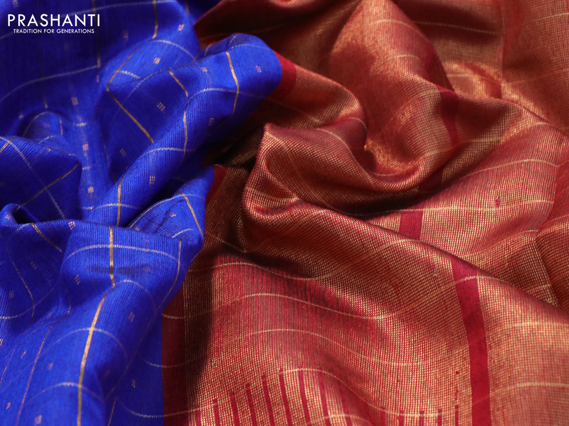 Dupion silk saree royal blue and maroon with zari checked pattern & buttas and temple design rettapet zari woven border