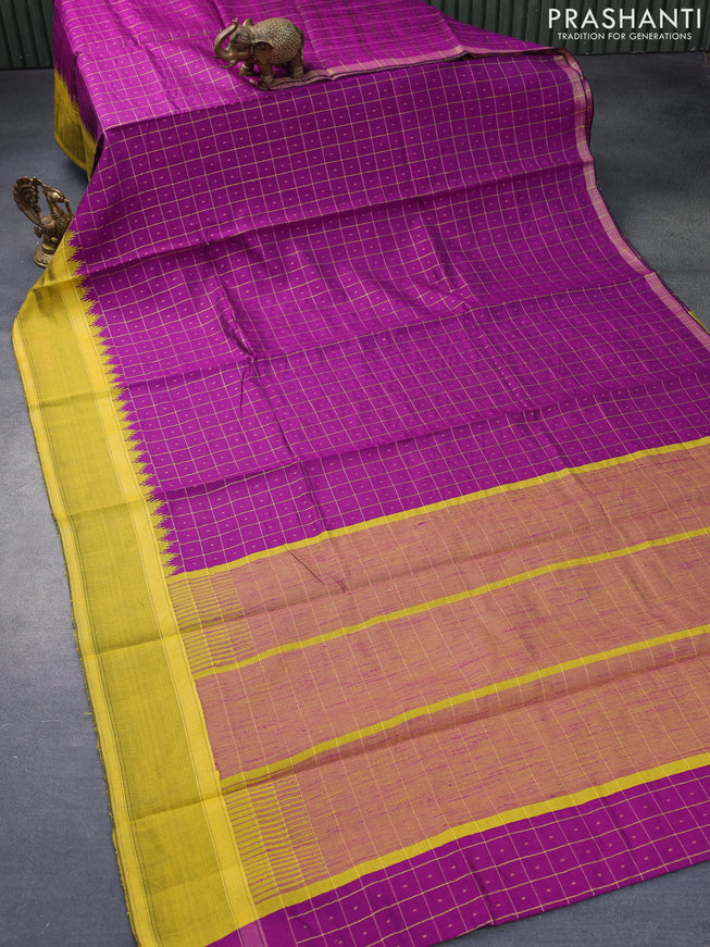 Dupion silk saree purple and yellow with zari checked pattern & buttas and temple design rettapet zari woven border