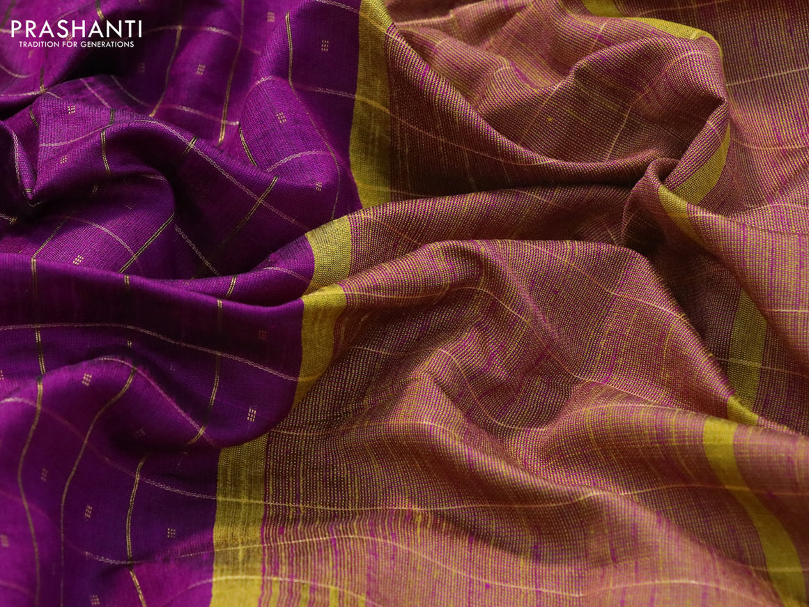 Dupion silk saree purple and yellow with zari checked pattern & buttas and temple design rettapet zari woven border