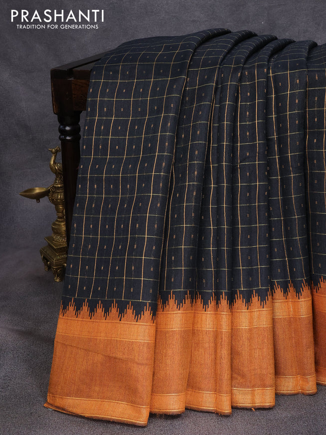 Dupion silk saree black and dark mustard with zari checked pattern & buttas and temple design rettapet zari woven border