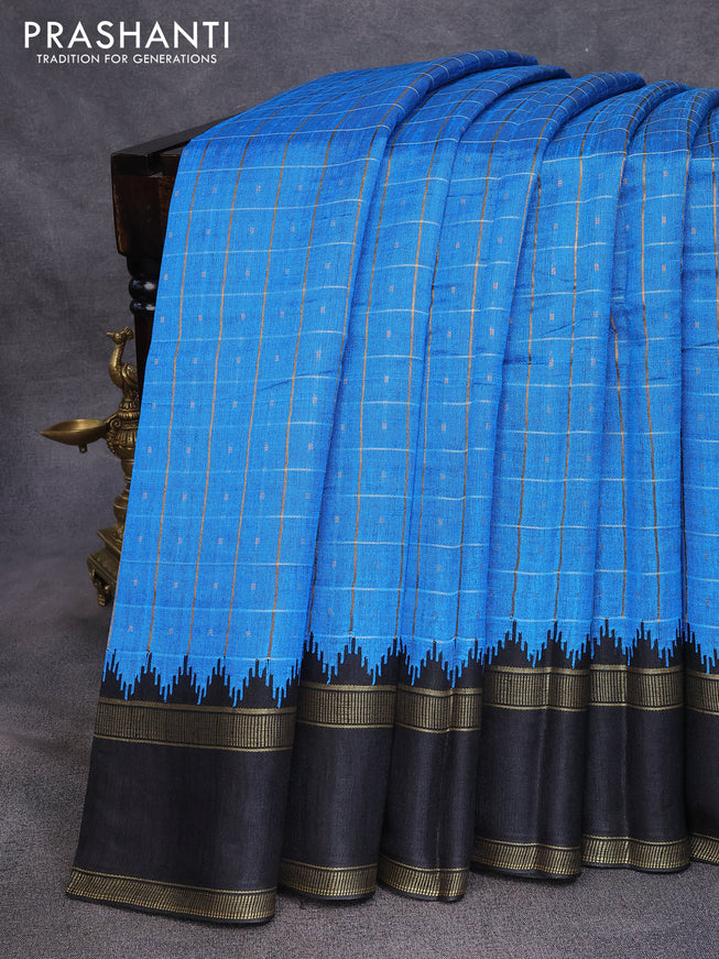 Dupion silk saree cs blue and black with zari checked pattern & buttas and temple design rettapet zari woven border