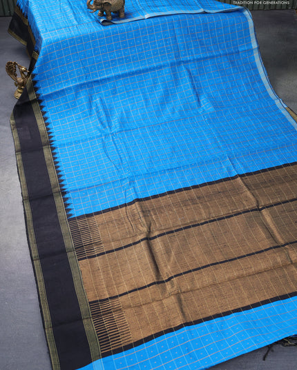 Dupion silk saree cs blue and black with zari checked pattern & buttas and temple design rettapet zari woven border