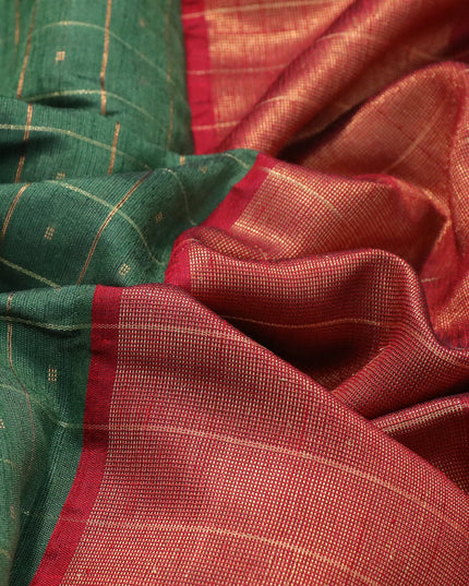 Dupion silk saree green and red with zari checked pattern & buttas and temple design rettapet zari woven border