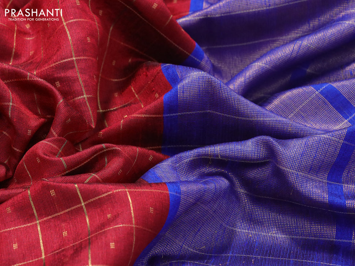 Dupion silk saree maroon and royal blue with zari checked pattern & buttas and temple design rettapet zari woven border