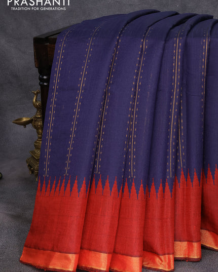 Dupion silk saree navy blue and maroon with allover zari weaves and temple design zari woven border