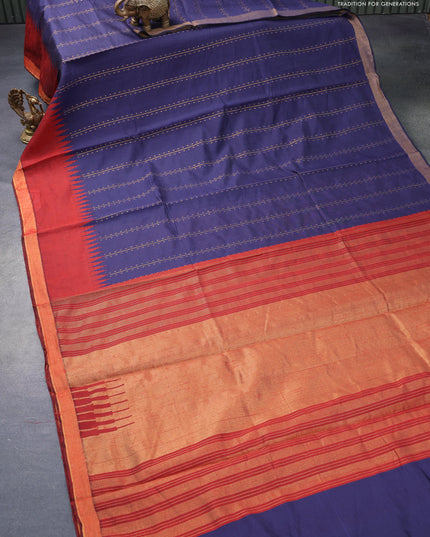 Dupion silk saree navy blue and maroon with allover zari weaves and temple design zari woven border
