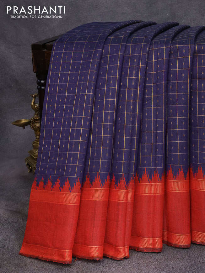 Dupion silk saree navy blue and maroon with zari checked pattern & buttas and temple design rettapet zari woven border