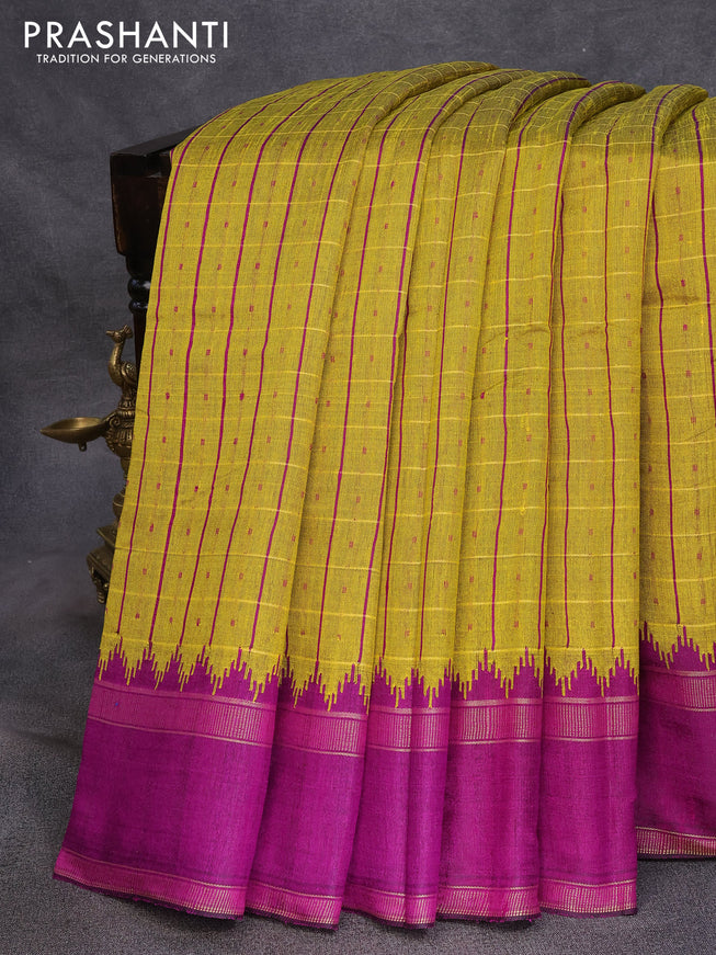 Dupion silk saree mustard yellow and purple with zari checked pattern & buttas and temple design rettapet zari woven border