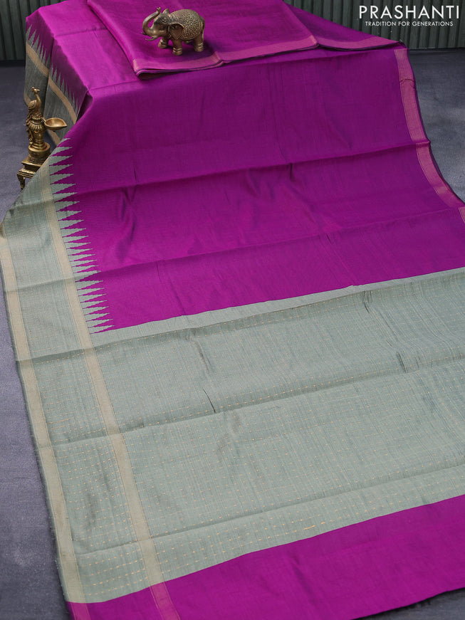 Dupion silk saree purple and greyish green with plain body and temple woven border