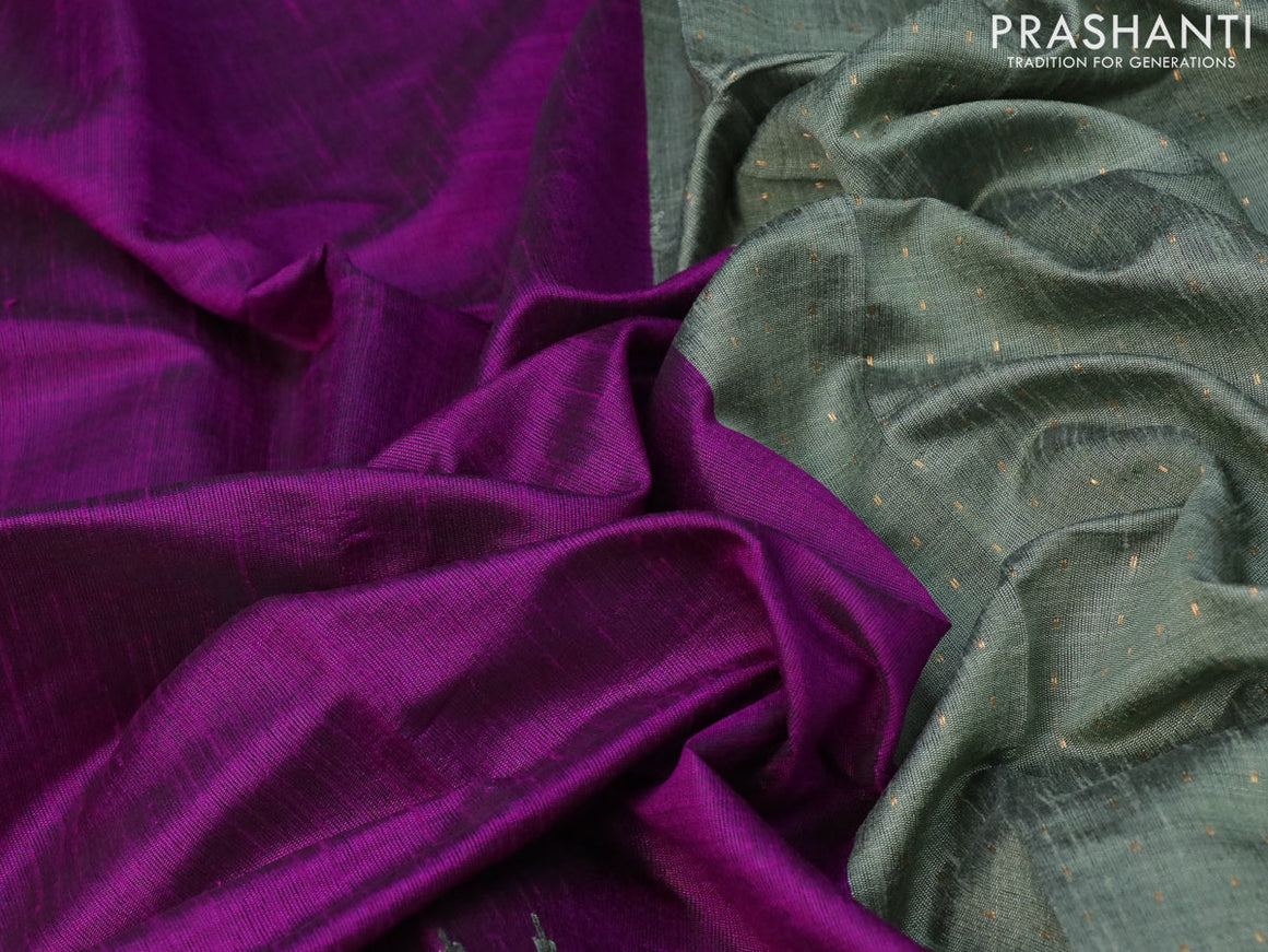 Dupion silk saree purple and greyish green with plain body and temple woven border