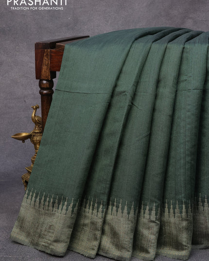 Dupion silk saree sap green shade and greyish green with plain body and temple woven border