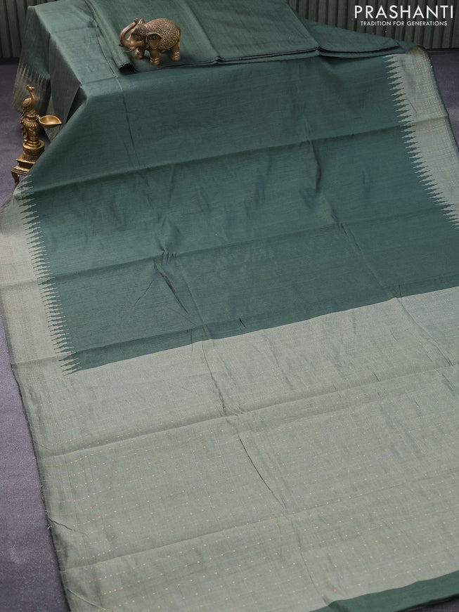 Dupion silk saree sap green shade and greyish green with plain body and temple woven border