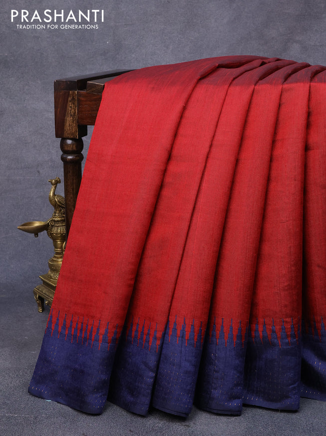 Dupion silk saree kum kum red and navy blue with plain body and temple woven border