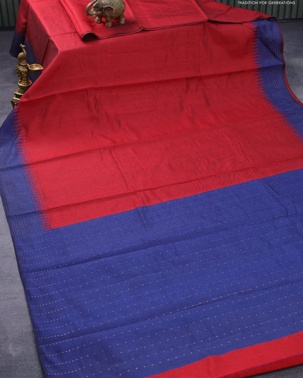 Dupion silk saree kum kum red and navy blue with plain body and temple woven border