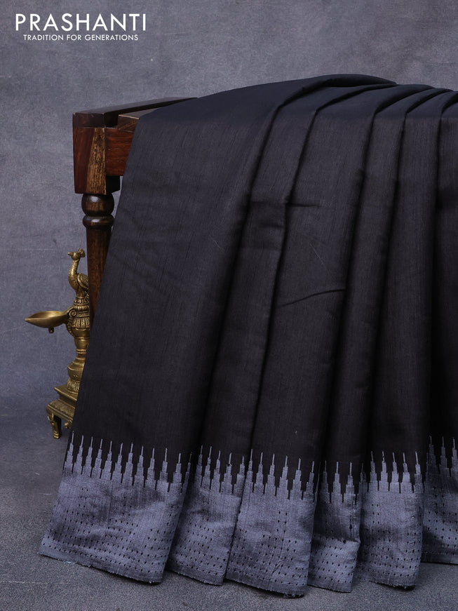 Dupion silk saree black and grey with plain body and temple woven border