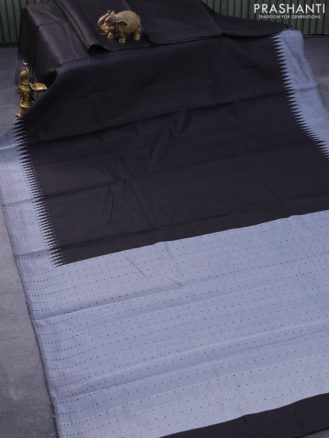 Dupion silk saree black and grey with plain body and temple woven border