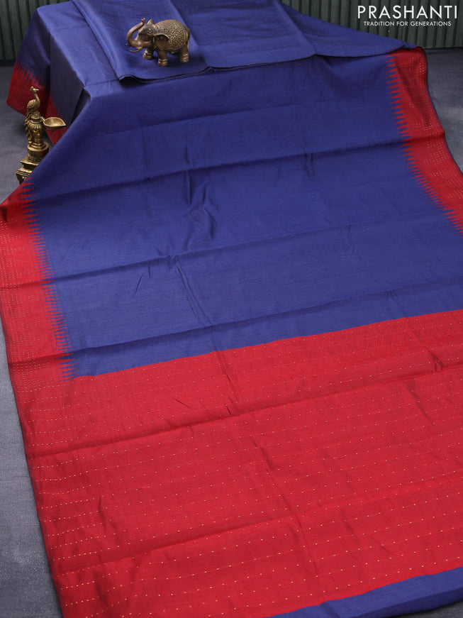 Dupion silk saree navy blue and red with plain body and temple woven border