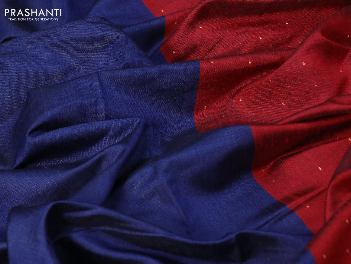 Dupion silk saree navy blue and red with plain body and temple woven border