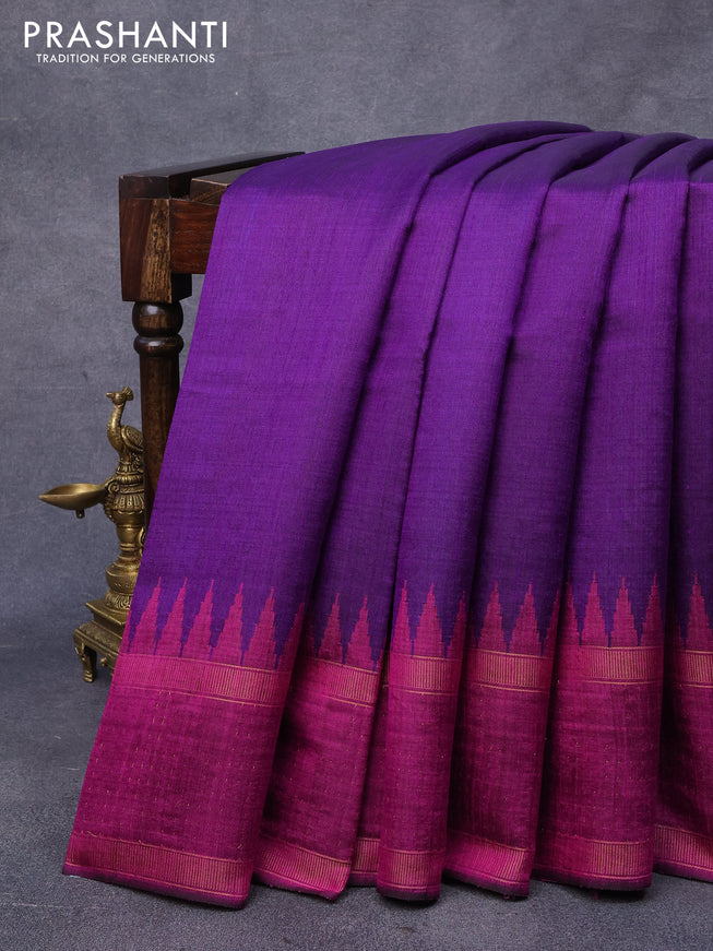 Dupion silk saree violet and purple with plain body and temple design rettapet zari woven border