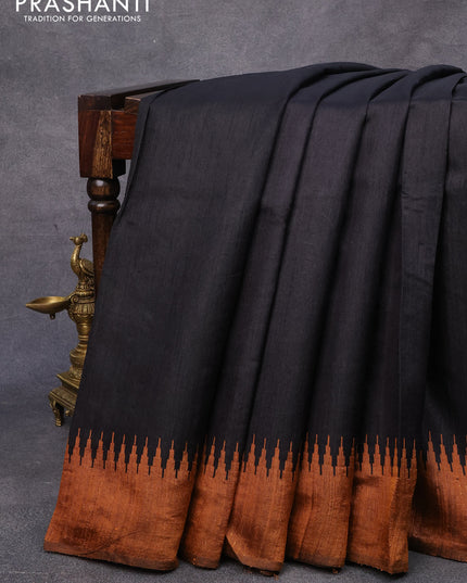 Dupion silk saree black and honey shade with plain body and temple woven border