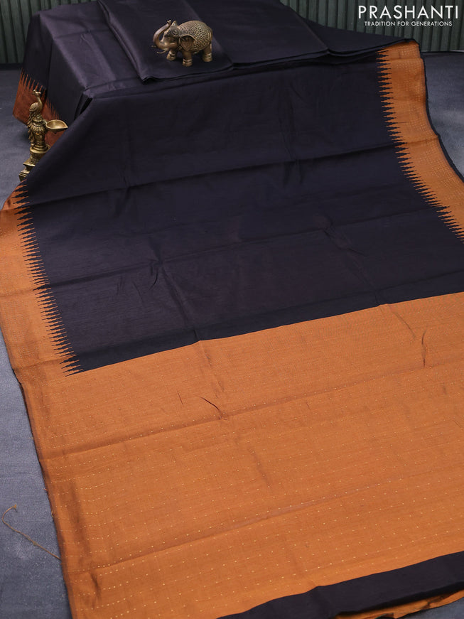 Dupion silk saree black and honey shade with plain body and temple woven border