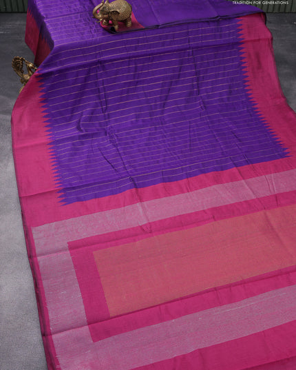 Dupion silk saree violet and magenta pink with allover zari woven stripe weaves and temple woven border
