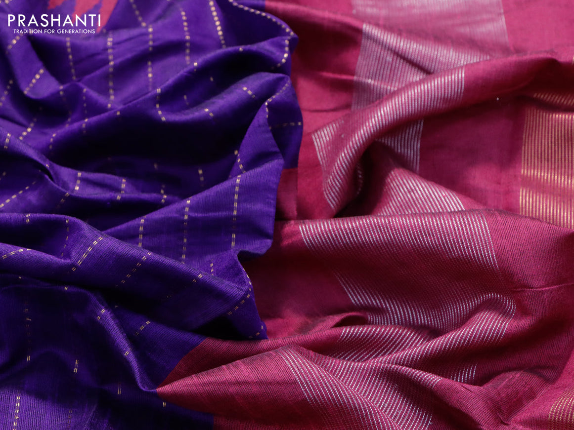 Dupion silk saree violet and magenta pink with allover zari woven stripe weaves and temple woven border