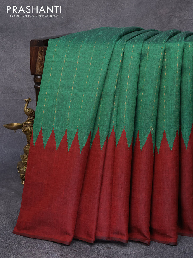Dupion silk saree green and maroon with allover zari woven stripe weaves and temple woven border