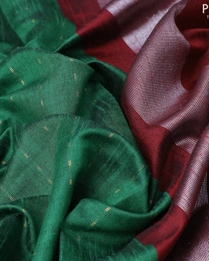 Dupion silk saree green and maroon with allover zari woven stripe weaves and temple woven border