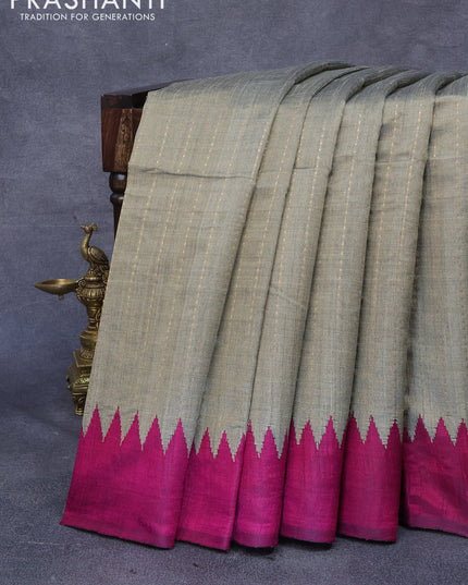 Dupion silk saree beige and dark magenta pink with allover zari woven stripe weaves and temple woven border