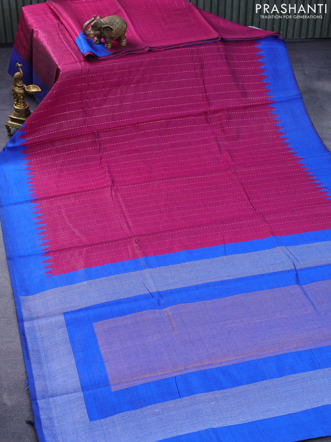 Dupion silk saree magenta pink and royal blue with allover zari woven stripe weaves and temple woven border