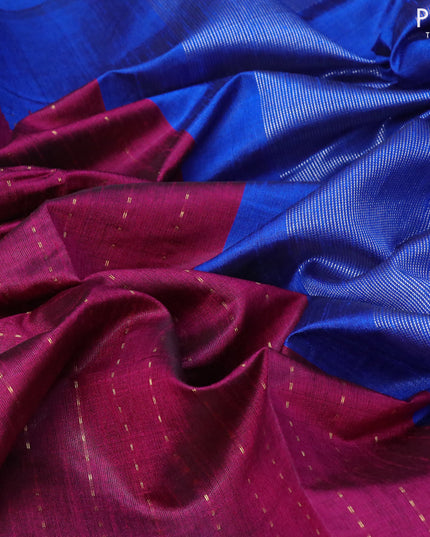 Dupion silk saree magenta pink and royal blue with allover zari woven stripe weaves and temple woven border