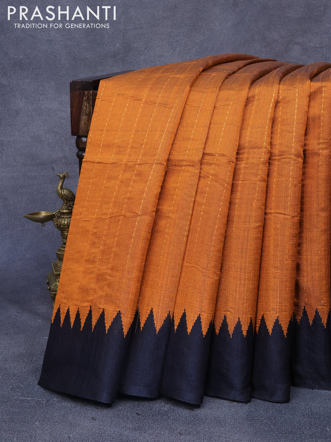 Dupion silk saree orange and black with allover zari woven stripe weaves and temple woven border