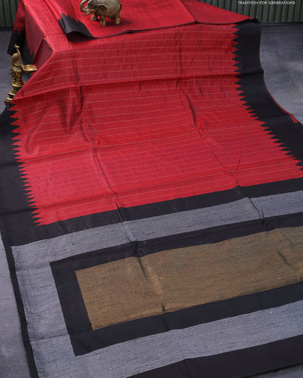Dupion silk saree maroon and black with allover zari woven stripe weaves and temple woven border