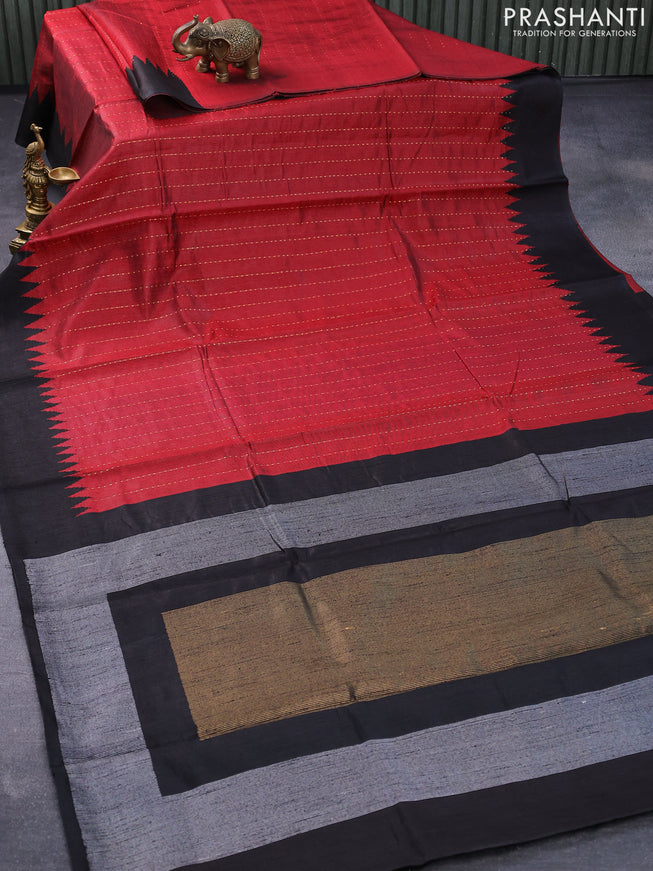 Dupion silk saree maroon and black with allover zari woven stripe weaves and temple woven border