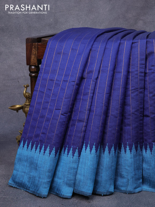 Dupion silk saree blue and light blue with allover zari woven stripe weaves and temple woven border